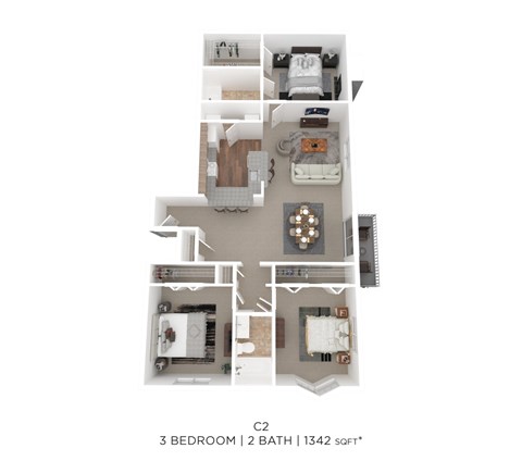 Floor plan for 3 beds, 2 baths, 1362 sqft