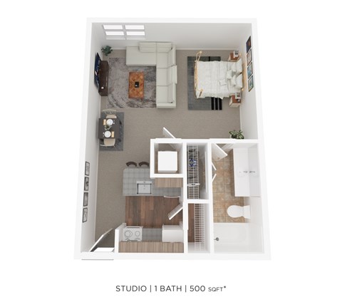 Floor plan for studio, 1 bath, 500 sqft