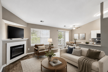 Centerville apartment for rent - A living room with a fireplace, couch, and television.