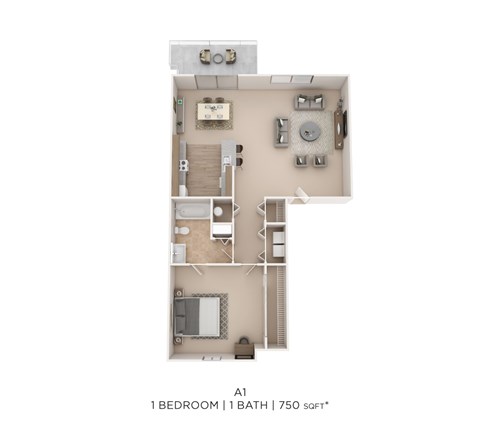 Floor plan for 1 bed, 1 bath, 750 sqft