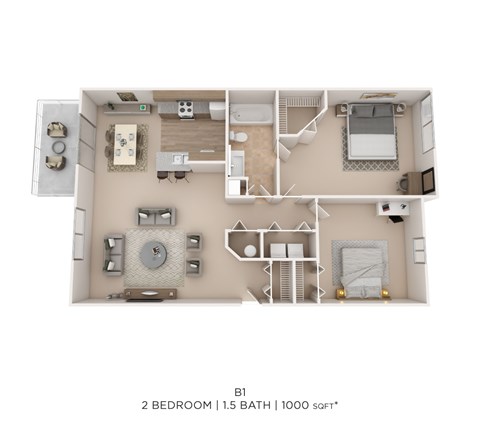 Floor plan for 1 bed, 1.5 baths, 1000 sqft