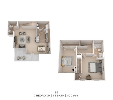 Floor plan for 2 beds, 1.5 baths, 1100 sqft