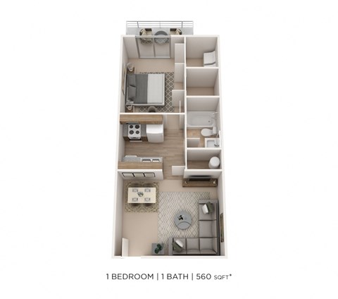 Floor plan for 1 bed, 1 bath, 560 sqft