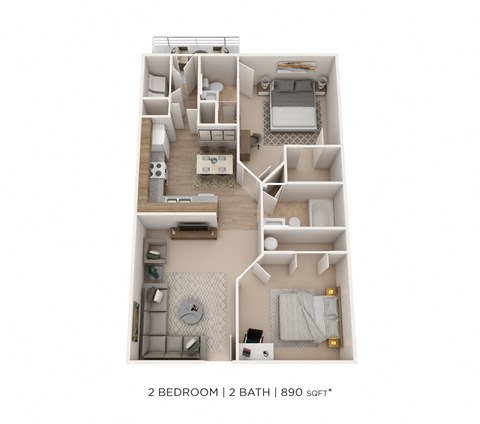 Floor plan for 2 beds, 2 baths, 890 sqft