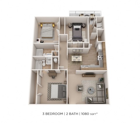 Floor plan for 3 beds, 2 baths, 1080 sqft