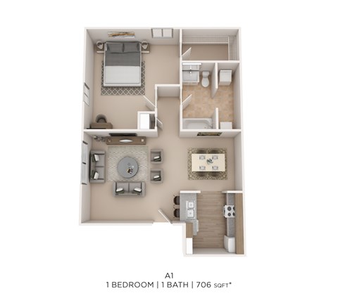 Floor plan for 1 bed, 1 bath, 706 sqft