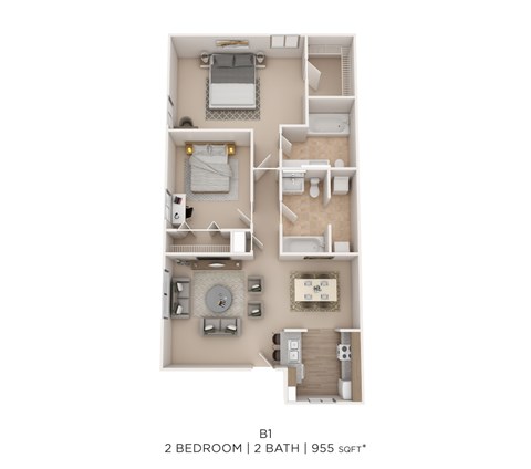 Floor plan for 2 beds, 2 baths, 955 sqft