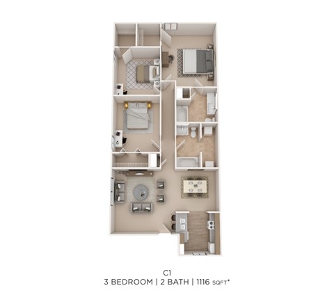 Floor plan for 3 beds, 2 baths, 1116 sqft
