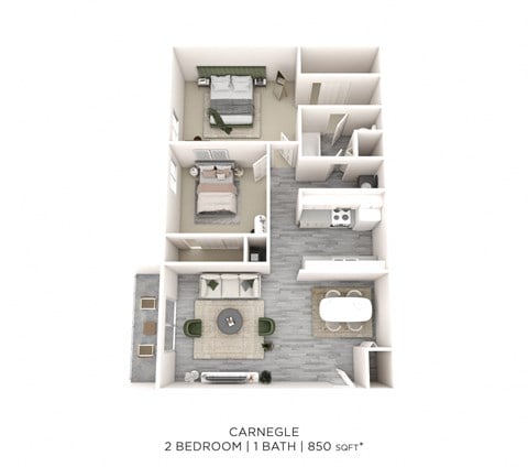 Floor plan for 2 beds, 1 bath, 850 sqft