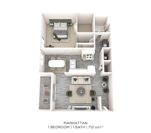 Floor plan for 1 bed, 1 bath, 712 sqft