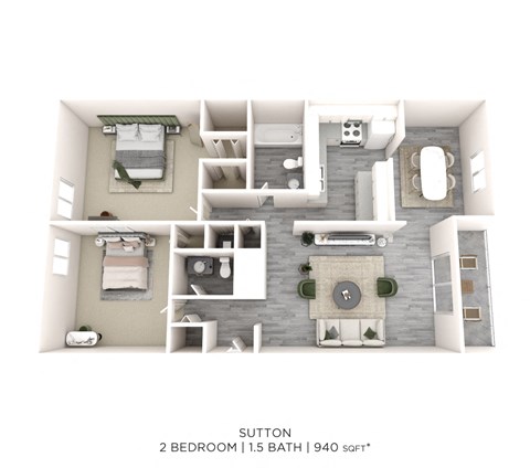 Floor plan for 2 beds, 1.5 baths, 940 sqft