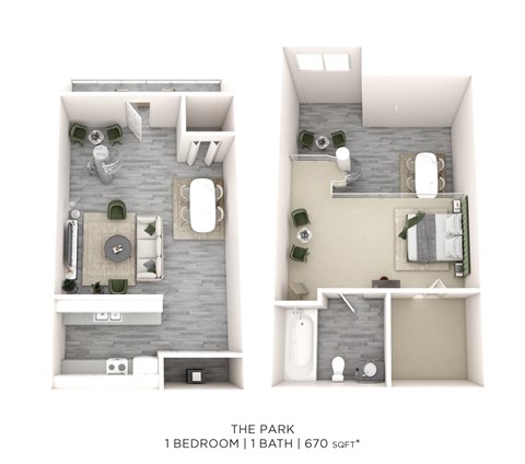 Floor plan for 1 bed, 1 bath, 670 sqft