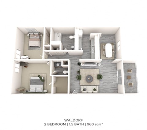 Floor plan for 2 beds, 1.5 baths, 960 sqft