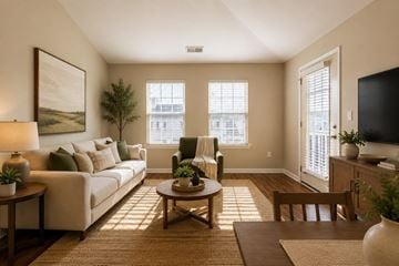 Charlotte townhouse for rent - A living room with a couch, a chair, a coffee table, and a painting on the wall.