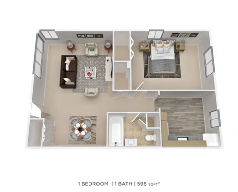 Floor plan for 1 bed, 1 bath, 598 sqft