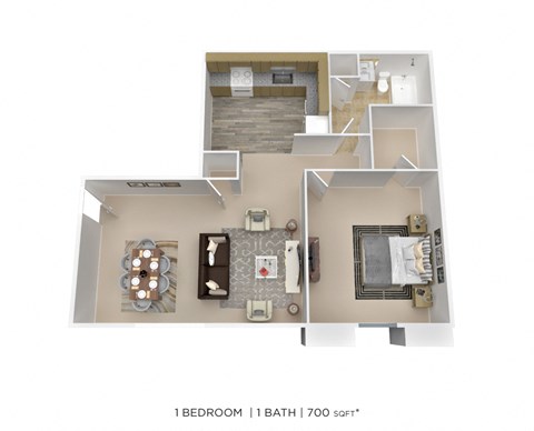 Floor plan for 1 bed, 1 bath, 700 sqft