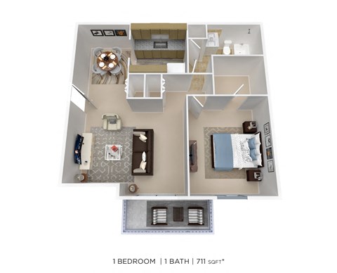 Floor plan for 1 bed, 1 bath, 711 sqft