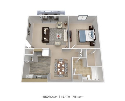 Floor plan for 1 bed, 1 bath, 723 sqft