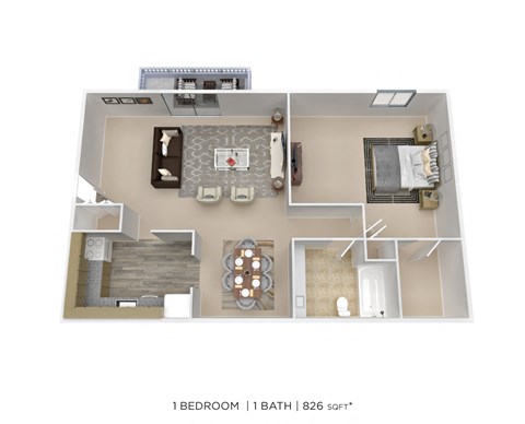 Floor plan for 1 bed, 1 bath, 826 sqft