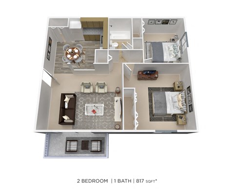 Floor plan for 2 beds, 1 bath, 817 sqft