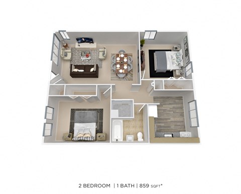 Floor plan for 2 beds, 1 bath, 859 sqft