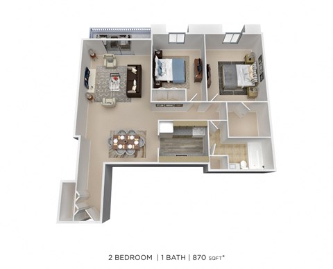 Floor plan for 2 beds, 1 bath, 870 sqft
