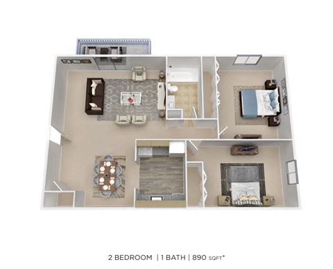 Floor plan for 2 beds, 1 bath, 890 sqft