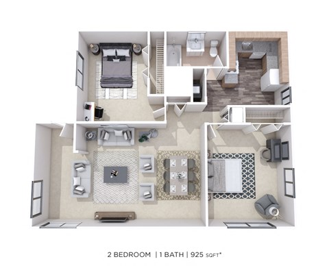 Floor plan for 2 beds, 1 bath, 925 sqft