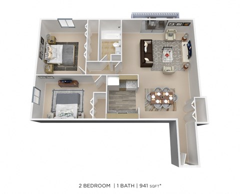 Floor plan for 2 beds, 1 bath, 941 sqft