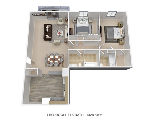 Floor plan for 2 beds, 1.5 baths, 1028 sqft