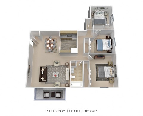 Floor plan for 3 beds, 1 bath, 1012 sqft