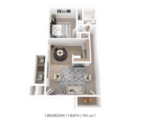 Floor plan for 1 bed, 1 bath, 701 sqft