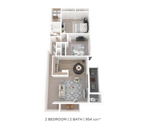 Floor plan for 2 beds, 2 baths, 954 sqft