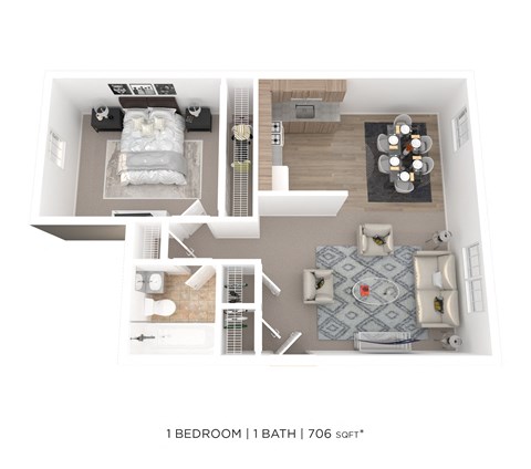 Floor plan for 1 bed, 1 bath, 706 sqft