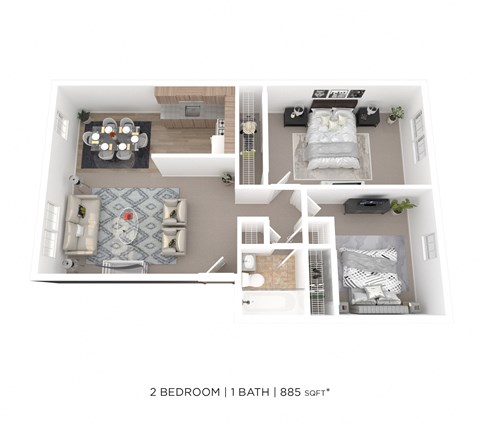 Floor plan for 2 beds, 1 bath, 885 sqft