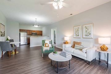 Louisville apartment for rent - A living room with a white couch and a grey chair.