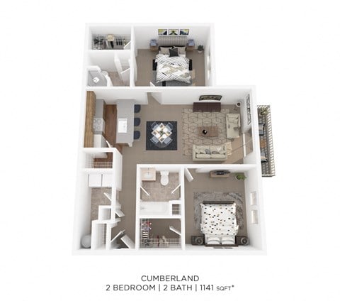 Floor plan for 2 beds, 2 baths, 1141 sqft