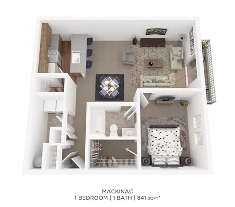 Floor plan for 1 bed, 1 bath, 841 sqft