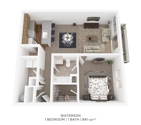 Floor plan for 1 bed, 1 bath, 841 sqft