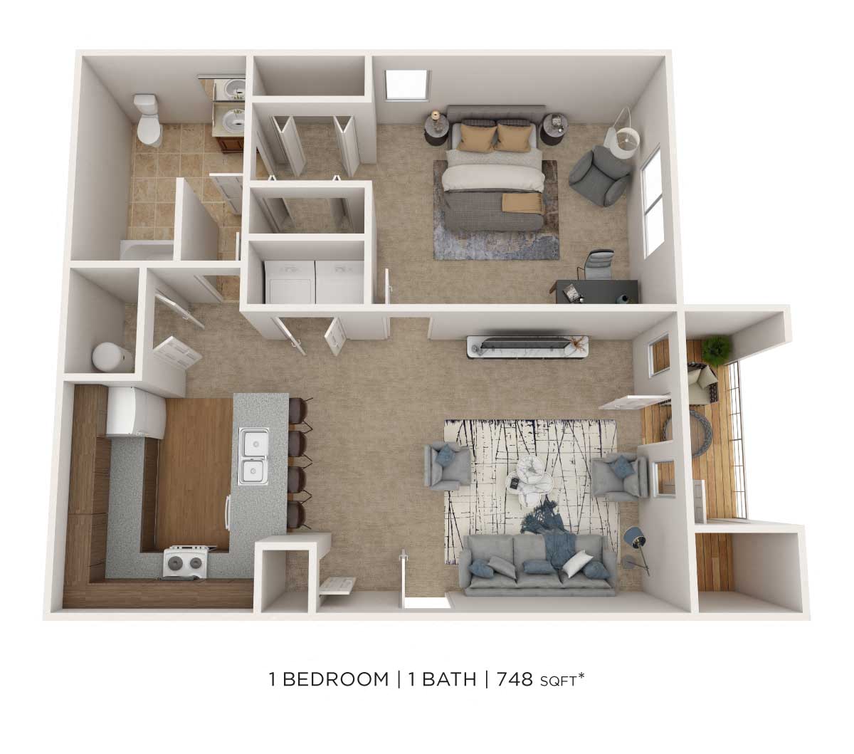 Floor plan for 1 bed, 1 bath, 784 sqft