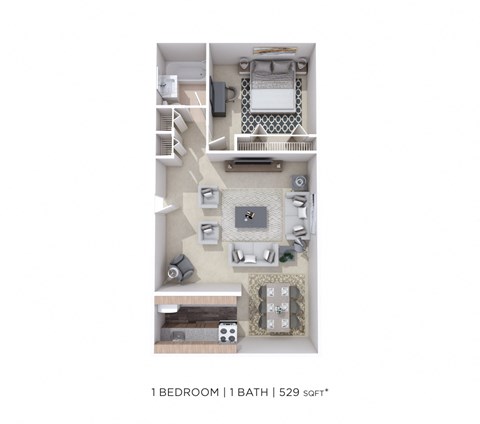 Floor plan for 1 bed, 1 bath, 529 sqft