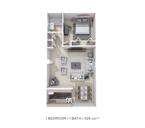 Floor plan for 1 bed, 1 bath, 529 sqft