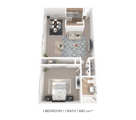 Floor plan for 1 bed, 1 bath, 683 sqft