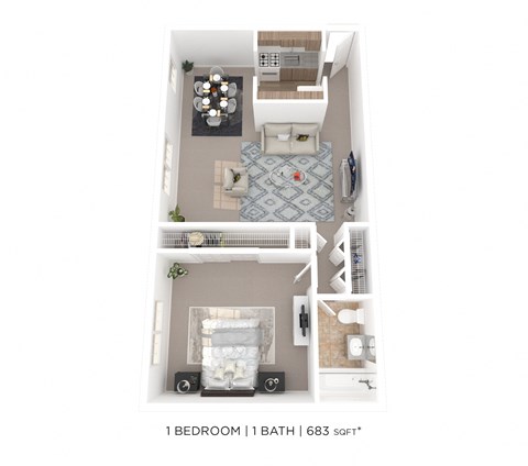 Floor plan for 1 bed, 1 bath, 683 sqft