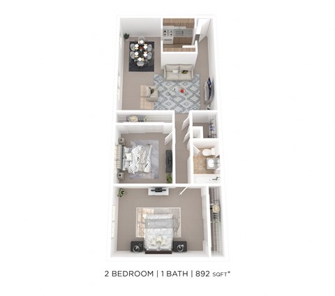 Floor plan for 2 beds, 1 bath, 892 sqft
