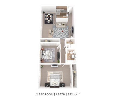 Floor plan for 2 beds, 1 bath, 892 sqft