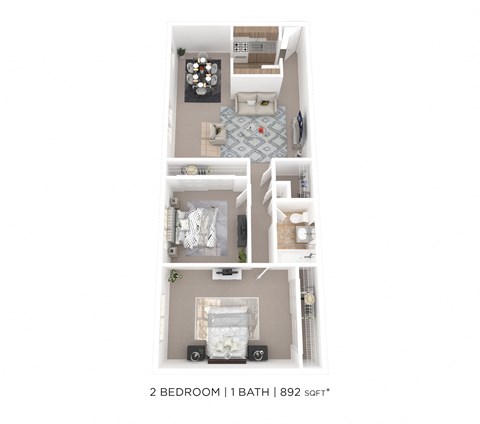 Floor plan for 2 beds, 1 bath, 892 sqft