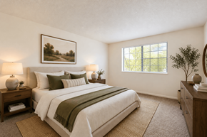 Cincinnati apartment for rent - A bedroom with a large bed and a painting on the wall.