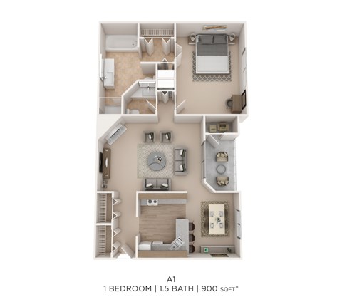 Floor plan for 1 bed, 1.5 baths, 900 sqft