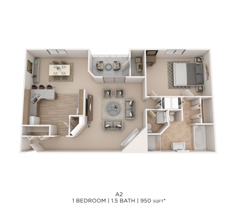 Floor plan for 1 bed, 1.5 baths, 950 sqft